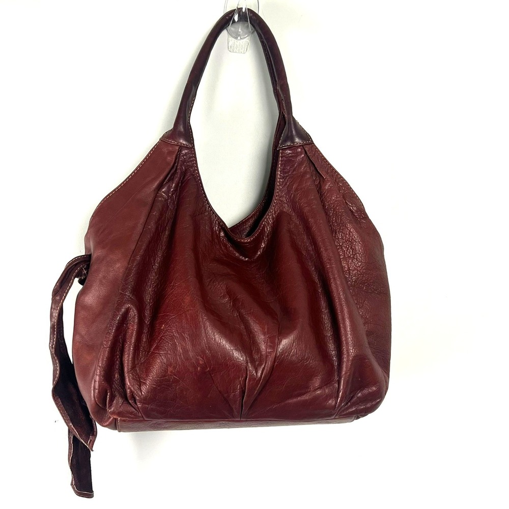 Brown Leather Hobo Shoulder Bag Pleated Slouchy Tote Boho Y2k Academia Retro
